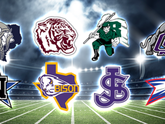 Brazos Football High School logos over a stadium background